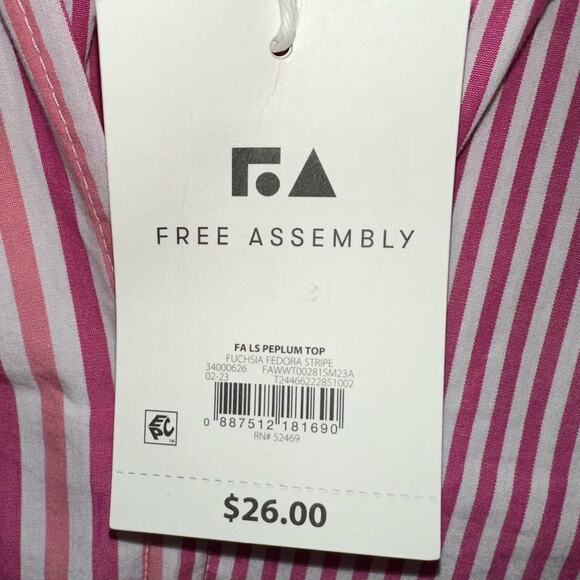 NWT Free Assembly V-Neck Long Sleeve Fuchsia Fedora Stripe Peplum Top Size Small - Picture 6 of 14